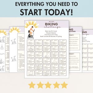 May include: A set of fitness challenge printables with the text "EVERYTHING YOU NEED TO START TODAY!". The main printable is a 30-day biking challenge with a workout schedule. The design includes a sun graphic and a person on a stationary bike.