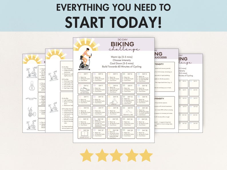 May include: A set of fitness challenge printables with the text "EVERYTHING YOU NEED TO START TODAY!". The main printable is a 30-day biking challenge with a workout schedule. The design includes a sun graphic and a person on a stationary bike.