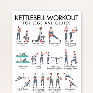 Könnte beinhalten: Ein weißes Übungsposter mit dem Titel KETTLEBELL WORKOUT FOR LEGS AND GLUTES. Es zeigt zwölf Illustrationen einer Person bei Übungen wie Goblet Squats, Ausfallschritten und Swings mit einer roten Kettlebell, inklusive Beschriftungen und Wiederholungen.