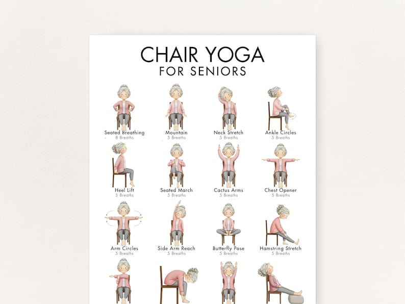 May include: A poster titled "Chair Yoga for Seniors" displays illustrations of various seated yoga poses. Each pose is labeled with its name and the number of breaths. The illustrations feature an elderly person demonstrating each exercise.