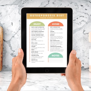 May include: A digital tablet displaying a food chart for an osteoporosis diet. The chart lists foods to enjoy and avoid, with categories like dairy & dairy alternatives, leafy greens & vegetables, calcium-fortified foods, and healthy fats. The chart also includes a section for notes.