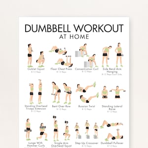 Könnte beinhalten: Ein weißes Poster mit dem Text "DUMBBELL WORKOUT AT HOME". Es zeigt Illustrationen von Hantelübungen wie Goblet Squat, Floor Chest Press und Russian Twist. Jede Übung ist mit ihrem Namen und der Wiederholungszahl versehen.