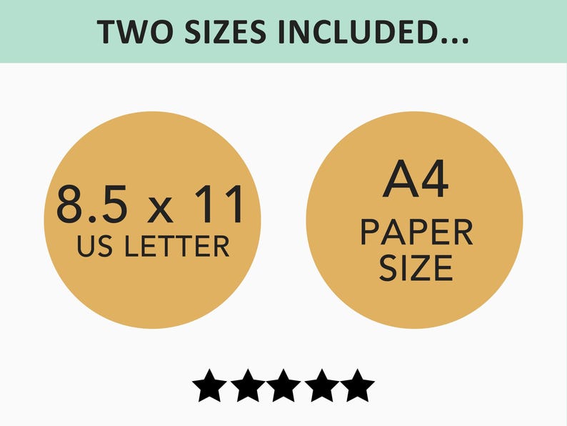 May include: Two sizes of printable paper sizes are shown in yellow circles. The first circle shows 8.5 x 11 US Letter. The second circle shows A4 Paper Size.