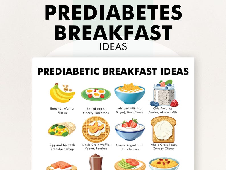 May include: A white poster with the title "Prediabetes Breakfast Ideas" and illustrations of 10 different breakfast options for people with prediabetes. The breakfast options include banana and walnuts, boiled eggs and cherry tomatoes, almond milk with bran cereal, chia pudding with berries and almond milk, an egg and spinach breakfast wrap, a whole grain waffle with yogurt and peaches, Greek yogurt with strawberries, whole grain toast with cottage cheese, a salmon and avocado breakfast sandwich, and a chocolate smoothie.