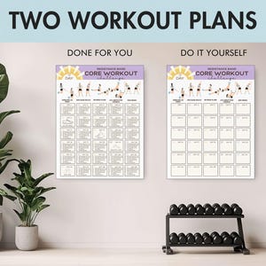 May include: Two workout plans are displayed, with the text "TWO WORKOUT PLANS" at the top. The plans are titled "DONE FOR YOU" and "DO IT YOURSELF". Each plan is a "RESISTANCE BAND CORE WORKOUT CHALLENGE" with exercise diagrams.