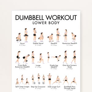 Op de afbeelding: Een witte poster met de tekst "DUMBBELL WORKOUT LOWER BODY". De poster toont diverse oefeningen met dumbbells voor het onderlichaam, zoals squats en deadlifts, met 8-12 herhalingen.