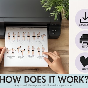 Puede incluir: Una impresora negra imprimiendo una hoja de rutina de ejercicios. La hoja muestra ejercicios ilustrados con nombres como Bicep Curls y Alternating Front Raise. El texto "HOW DOES IT WORK?" est&aacute; en la parte inferior, junto con iconos para descargar, imprimir y amar.