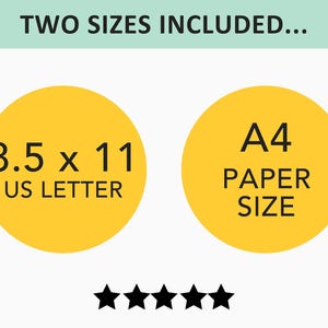 May include: Two sizes of printable paper are shown in yellow circles. The first circle shows "8.5 x 11 US Letter". The second circle shows "A4 Paper Size".