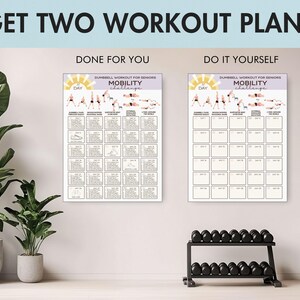 K&ouml;nnte beinhalten: Zwei Trainingspl&auml;ne werden angezeigt, einer mit der Aufschrift "Done For You" und der andere mit der Aufschrift "Do It Yourself". Beide Pl&auml;ne tragen den Titel "Dumbbell Workout for Seniors Mobility Challenge". Das Bild zeigt auch einen Satz Kurzhanteln auf einem Gestell und ein station&auml;res Trainingsfahrrad.