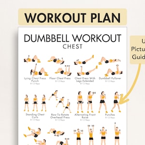 May include: A workout plan poster with the text "WORKOUT PLAN" and "DUMBBELL WORKOUT CHEST". The poster includes illustrations of various dumbbell exercises, such as chest presses and curls, with instructions.