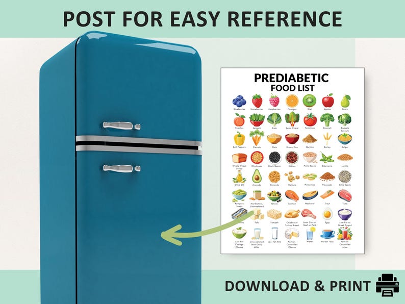 Może przedstawiać: Niebieska lod&oacute;wka z białymi drzwiami i białą rączką. Do lod&oacute;wki przymocowany jest plakat z napisem "Prediabetic Food List". Plakat przedstawia kolorową siatkę z r&oacute;żnymi produktami spożywczymi, w tym owocami, warzywami, zbożami i źr&oacute;dłami białka.
