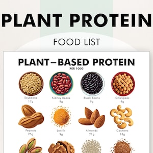 Elenco di alimenti vegetali ad alto contenuto proteico, elenco di alimenti proteici vegetali, tabella delle fonti di proteine vegetali PDF, download, stampa, pianifica i pasti