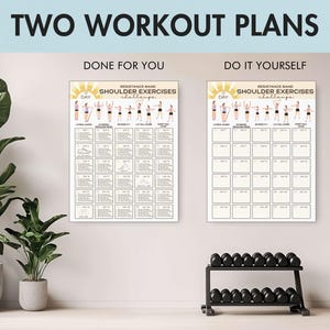 May include: Two workout plans are displayed, one labeled "Done For You" and the other "Do It Yourself." Both plans are for shoulder exercises using resistance bands. The image also shows a set of dumbbells and a stationary exercise bike.