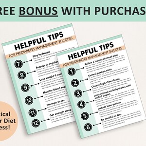 May include: Two turquoise and white printable charts with helpful tips for managing prediabetes. The charts are numbered 1-12 and include tips such as staying hydrated, engaging in regular exercise, and controlling portion sizes.