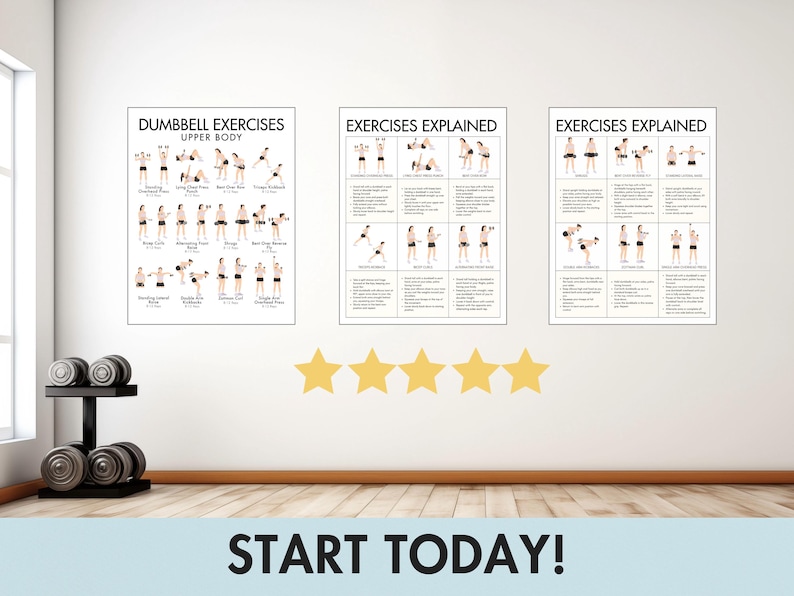 Puede incluir: Tres carteles de ejercicios enmarcados en una pared blanca, con un estante para pesas y pesas en la esquina inferior izquierda. Los carteles muestran ejercicios con mancuernas e instrucciones. La frase "START TODAY!" est&aacute; en la parte inferior.