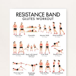 Peut inclure: Une affiche blanche avec le texte "RESISTANCE BAND GLUTES WORKOUT" en haut. L'affiche présente des illustrations de divers exercices, notamment Squat Pulse, Clamshells et Glute Kickback, chacun avec le nombre de répétitions.