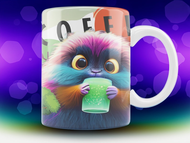 Whimsical Furry Friends Coffee Mug Adorable Colorful Creatures Design 11oz zdjęcie 1