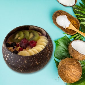May include: A coconut bowl filled with a smoothie topped with kiwi, banana, raspberries, and granola. The bowl is sitting on a blue background with green leaves and coconuts.