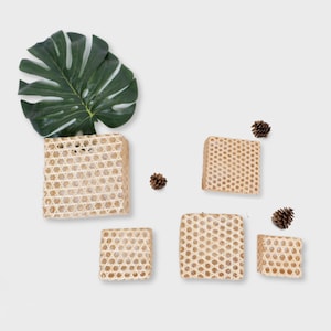 Puede incluir: Conjunto de cestas de ratán tejido de diferentes tamaños cuadrados, dispuestas sobre un fondo blanco. Una gran hoja verde y piñas pequeñas completan la composición decorativa y natural.