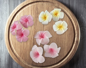 Puede incluir: Una tabla de madera con ocho velas en forma de flor de color rosa y blanco. Las velas están dispuestas en círculo sobre la tabla.