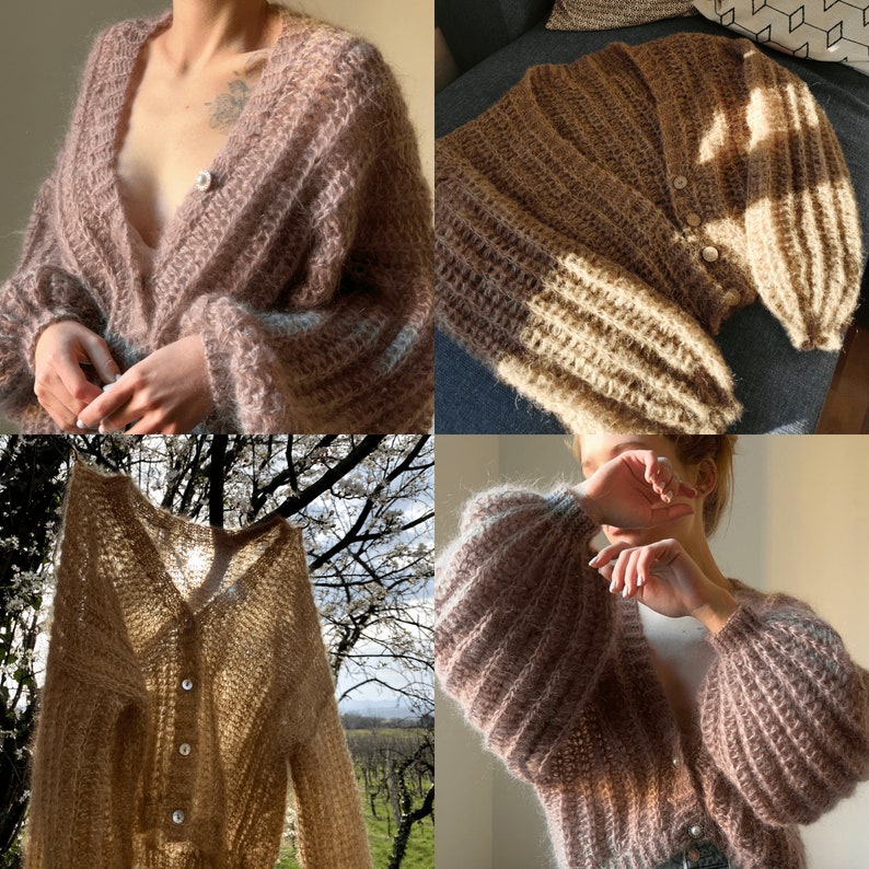 May include: A brown and pink fuzzy cardigan with a V-neck and button closure. The cardigan has long sleeves and a relaxed fit.