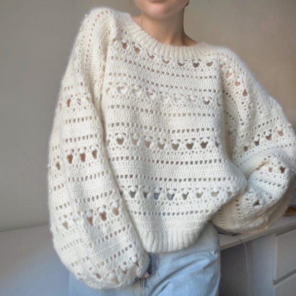 Rosemarie Sweater Crochet PDF Pattern | Lacy Oversized Pullover, Delicate Jumper, Tee | Tutorial with photos