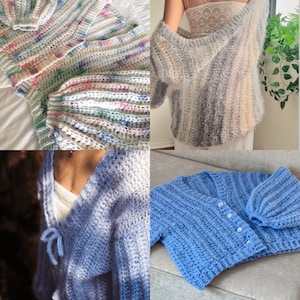 May include: Three crocheted cardigans in different colors and styles. The first cardigan is a multi-colored crochet cardigan with a button closure. The second cardigan is a light gray and white fuzzy crochet cardigan. The third cardigan is a light blue crochet cardigan with a tie closure.