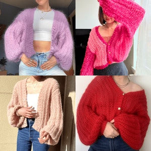 May include: Four different cropped images of women wearing fuzzy knit cardigans in various colors, including pink, purple, and red. The cardigans are all cropped and have long sleeves with a loose fit.