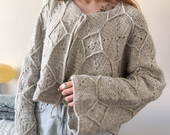Cardigan au crochet Tess Patron PDF | Sur mesure | Pull carré grand-mère noué sur le devant pour femme | Sur mesure | Tutoriel pas à pas
