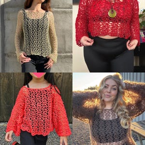 May include: Four images showcasing crochet tops in various colors. The tops feature an open, lacy design with long sleeves or cropped styles. Colors include beige, red, and brown. The tops are worn over other garments.