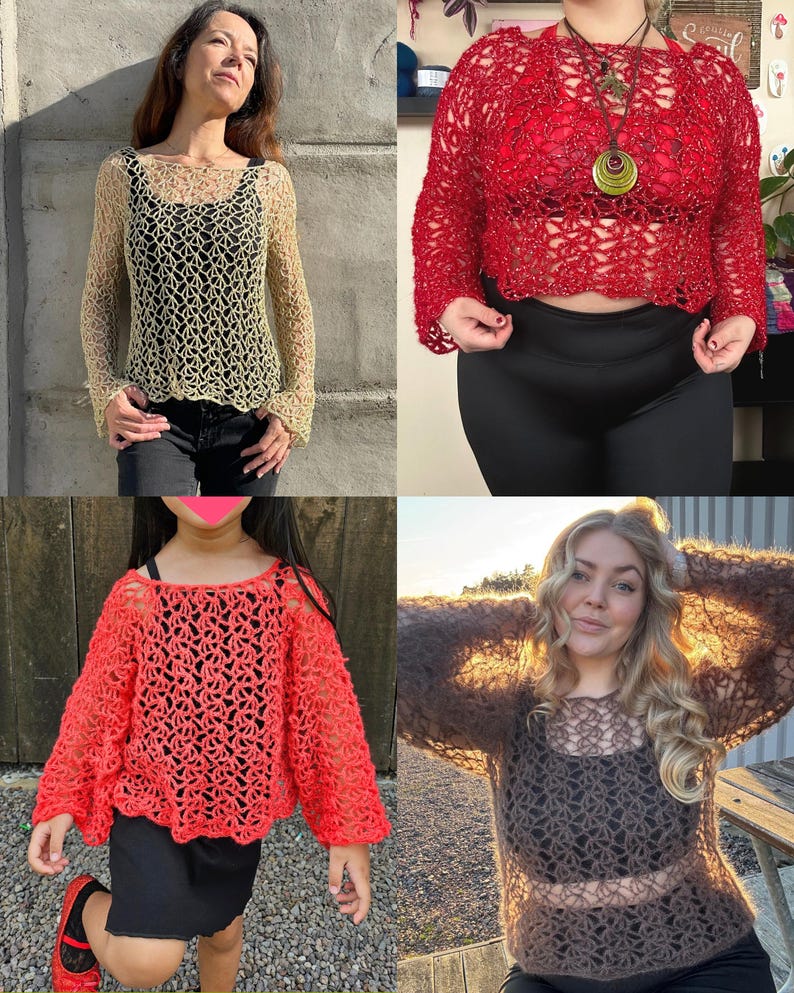 May include: Four images showcasing crochet tops in various colors. The tops feature an open, lacy design with long sleeves or cropped styles. Colors include beige, red, and brown. The tops are worn over other garments.