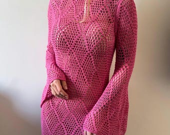 Pink Crochet Mesh Dress - Handmade Bell Sleeve Mini Dress - Open Back Summer Dress - Festival Outfit - Beach Cover Up