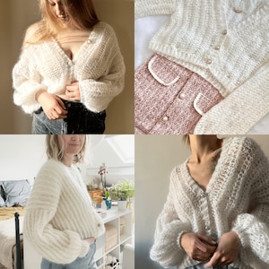 May include: A white knitted cardigan with a V-neck and pearl buttons. The cardigan has a loose fit and long sleeves.
