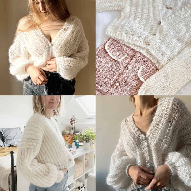 May include: A white knitted cardigan with a V-neck and pearl buttons. The cardigan has a loose fit and long sleeves.