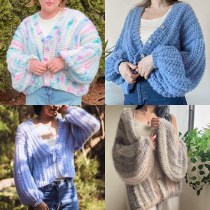 May include: Four different crocheted cardigans in various colors and patterns. The cardigans are all open front and have long sleeves. The cardigans are shown on models.