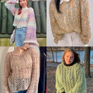 May include: Four different crochet sweaters in various colors are shown. One is a rainbow gradient, another is a light brown, a third is a light green, and the last is a light brown with a white collar. The sweaters have open, lacy patterns.