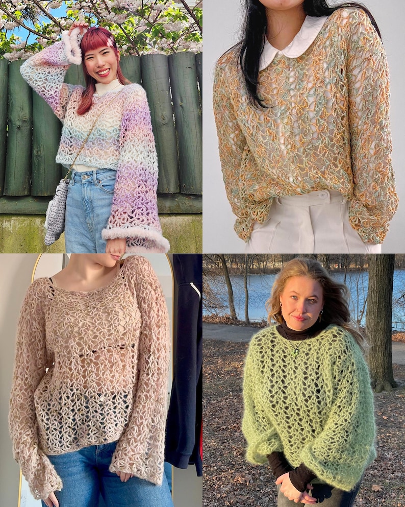 May include: Four different crochet sweaters in various colors are shown. One is a rainbow gradient, another is a light brown, a third is a light green, and the last is a light brown with a white collar. The sweaters have open, lacy patterns.