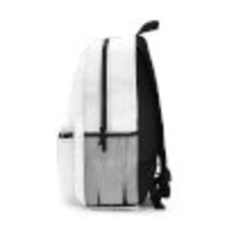 May include: White backpack with a black zipper and black straps. The backpack has a gray and white patterned panel on the bottom.