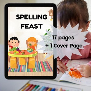 Puede incluir: Una tableta digital muestra un libro educativo para niños titulado "Spelling Feast". La portada presenta dibujos animados de niños en una mesa con comida. El libro tiene 17 páginas más una portada. Se ve a un niño coloreando en un libro.