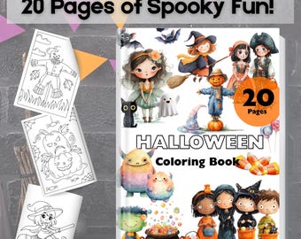 Op de afbeelding: Een Halloween kleurboek met een omslag met illustraties van heksen, geesten en monsters. Het boek heeft 20 pagina's met griezelig plezier. Er zijn verschillende kleurplaten zichtbaar, met een vogelverschrikker, pompoen en heks.
