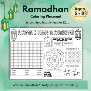 Può includere: Un tovaglietta da colorare bianca con le parole "Ramadhan Kareem!" e varie attività per bambini dai 5 agli 8 anni. Include una ricerca di parole, un labirinto e giochi come Connect 4 e Tic-Tac-Toe. Presenta il testo "Screen-free Islamic Fun for Kids."
