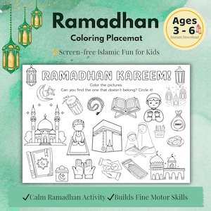 Può includere: Una tovaglietta da colorare bianca con la scritta "Ramadhan Kareem!" e illustrazioni di simboli islamici. Include il testo "Ages 3-6" e "Download istantaneo". Progettata per il divertimento islamico senza schermo per bambini.