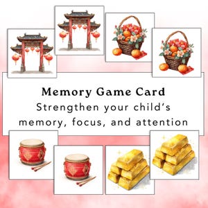 May include: A set of memory game cards featuring watercolor illustrations of Chinese New Year symbols. The cards include images of a traditional gate, baskets of oranges, drums, and gold bars. Text on the card reads: Memory Game Card. Strengthen your child's memory, focus, and attention.