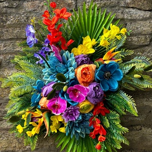 Tropical flower swag, Bright flower arrangement, Tropical flower wall decor,Bright flower centrepiece, Tropical faux flower display