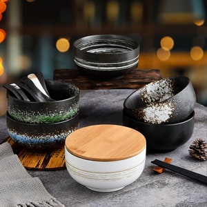 Zen Harmony Japanese Ceramic Noodle Bowl Set - Versatile Tableware with Wooden Lid, Spoon, and Chopsticks