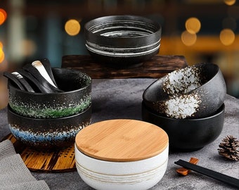 Zen Harmony Japanese Ceramic Noodle Bowl Set - Versatile Tableware with Wooden Lid, Spoon, and Chopsticks