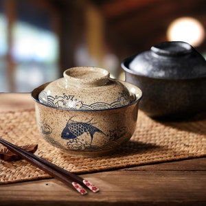 Retro Japanese Ramen Bowl Set: Handmade Ceramic Noodle Soup Bowl with Lid Large Capacity, Floral Design for Home & Restaurant image 2