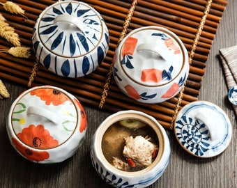 Charmante bloesems Japanse keramische stoofpot met deksel - handgeschilderde soep en gestoomde eierkom, ambachtelijk servies voor thuis en restaurant