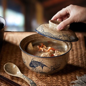 Ensemble de bols à ramen japonais rétro : bol à soupe aux nouilles en céramique fait main avec couvercle - Grande capacité, design floral pour la maison et le restaurant