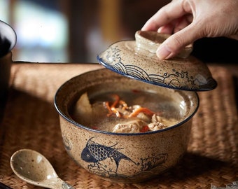 Set retrò di ciotole per ramen giapponesi: ciotola per zuppa di noodle in ceramica fatta a mano con coperchio - grande capacità, design floreale per la casa e il ristorante